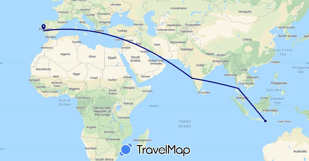 TravelMap itinerary: driving in Indonesia, India, Portugal, Thailand (Asia, Europe)